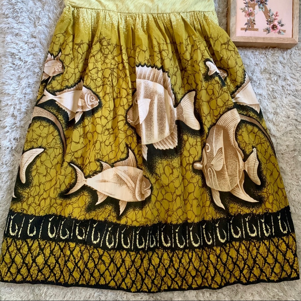 Anthropologie Strapless Yellow Green Fish-Print Dress - Picture 6 of 10